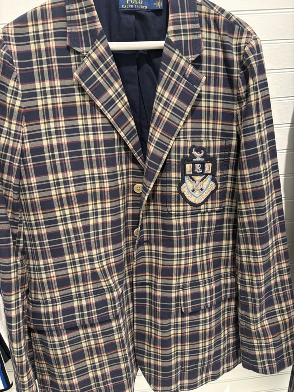 Polo by Ralph Lauren Navy Cream Plaid Blazer with Crest Patch
